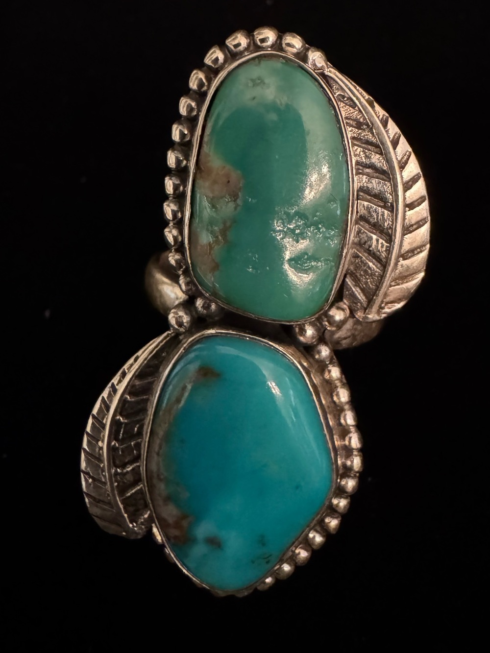 Sterling Silver Double genuine Turquoise Leaf Ring - Blue/Green native design